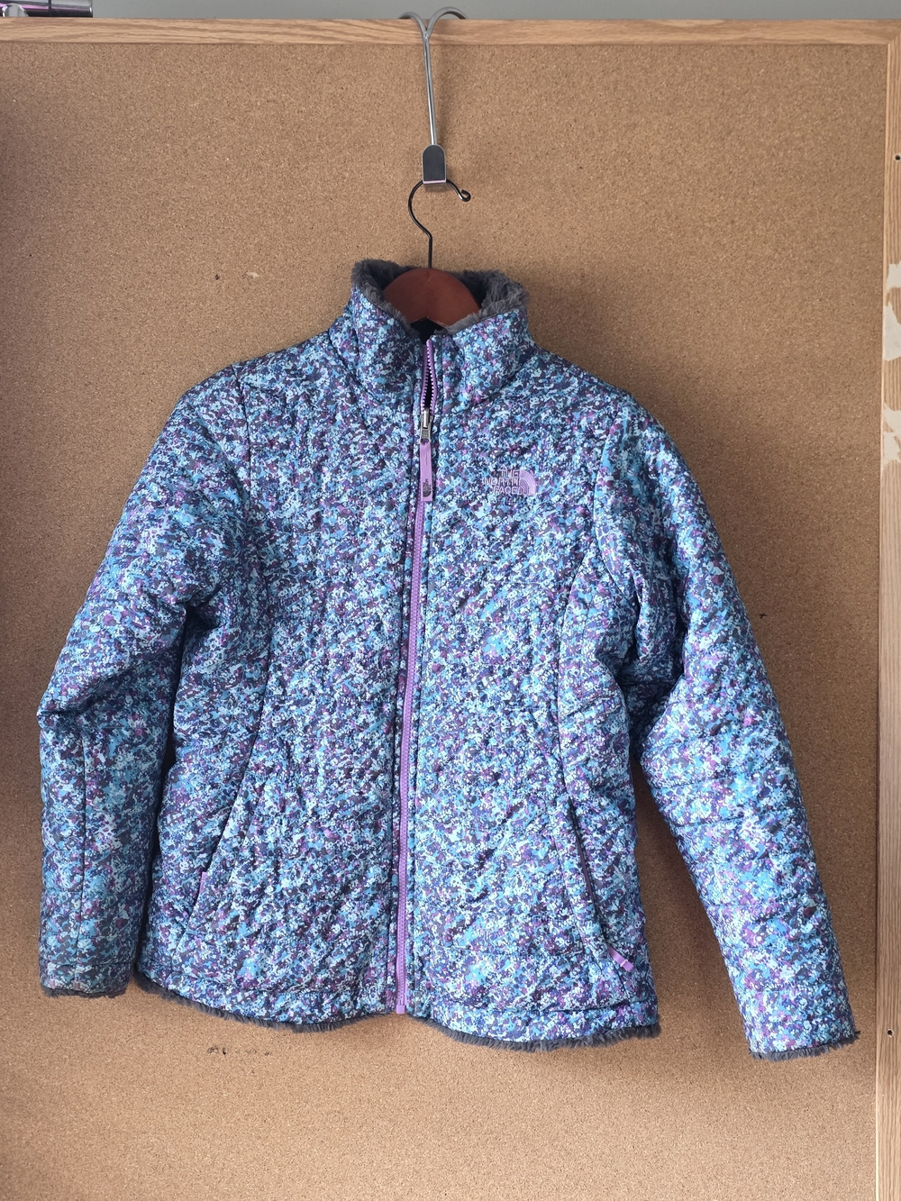 The North Face Girls Reversible Mossbud Swirl Jacket XL 14/16 Blue Purple